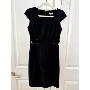 CALVIN KLEIN Black Round Neck Cap Sleeve Belted A-Line Career Dress | 2